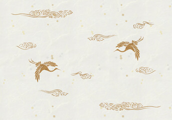 飛翔する鶴　伝統的な図案　金色の雲　和紙テクスチャ　金銀箔散らし　和風素材