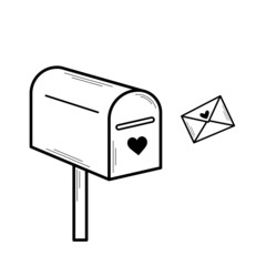 Love letter flies into the mailbox. Valentine's day concept. Hand drawn sketch style. Isolated vector illustration in doodle style.