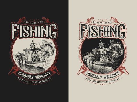 River fishing catch t-shirt catching bite on hook, sheatfish, or catfish engraved vector 