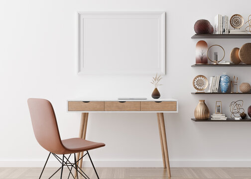 Empty picture frame on white wall in modern home office. Mock up interior in scandinavian style. Free space, copy space for your picture, text, or another design. Desk, chair, parquet. 3D rendering.