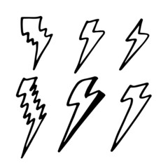 set of hand drawn vector doodle electric lightning bolt symbol sketch illustrations. thunder symbol doodle icon.