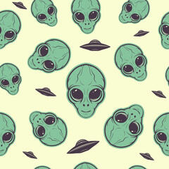 Alien Face Seamless Pattern Cartoon. Green Big Eye Extraterrestrial humanoid backdrop. Wallpaper of space character. Vector