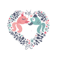 Romantic print with cute fish, seaweed and big heart.