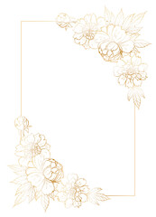 Rectangular postcard template with golden frame and peony bouquets in the corners.
