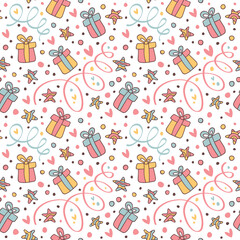 Seamless pattern with serpentine, balloons, gift boxes and stars.