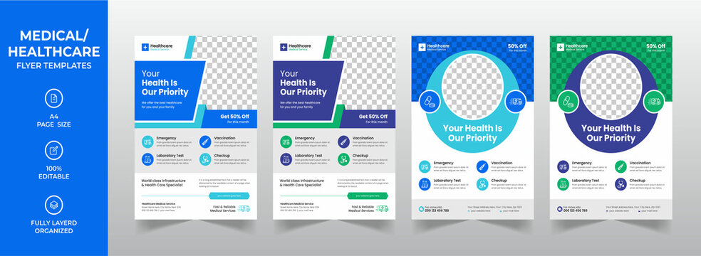 Modern medical corporate healthcare a4 flyer design or creative hospital business brochure cover template with Blue, Green Elements