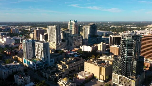 Cinematic drone shot going towards the financial district in downtown Orlando, Florida.