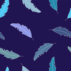 Seamless pattern in vector with hand drawn feathers in doodle style. Colorful elements on dark blue background.