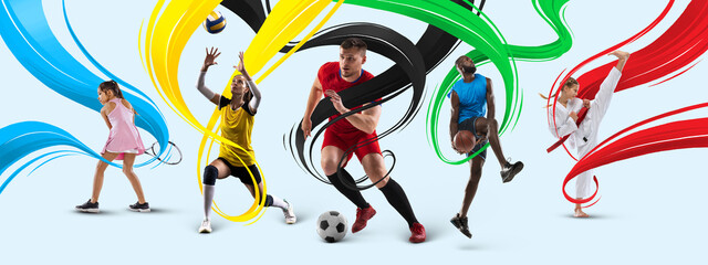 Sport collage. Professional sportsmen in action isolated on white background with blue, yellow, black, green and red stripes, lines.