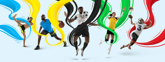 Set of professional sportsmen in action isolated on white background with blue, yellow, black, green and red stripes, lines.