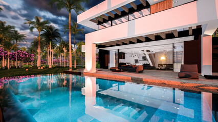 3d rendering of modern cozy house with pool and parking for sale or rent in luxurious style by the sea or ocean. Sunset evening by the azure coast with palm trees and flowers in tropical island