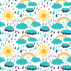 Seamless background with sun, clouds, rainbow. Children's style.