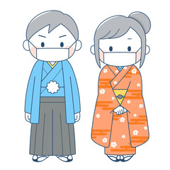 マスクをつけて晴れ着姿の男女