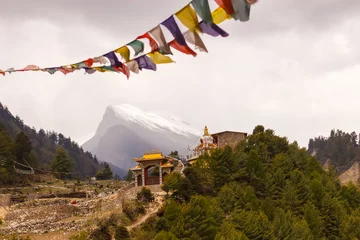 Rideaux velours Manaslu View of a village and a monastery in the Himalayas in the Manaslu region
