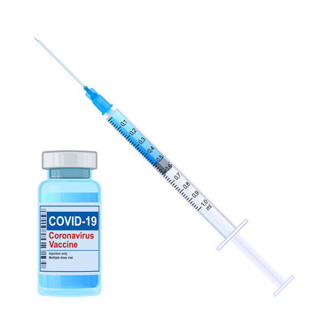 Covid-19 vaccine and 1ml disposable syringe with vaccine. Vector illustration isolated on white background.