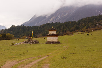 Stupa in a mountain valley in the Himalayas in the Manaslu region