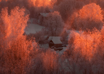 winter landscape at sunset. village in a beautiful snowy forest