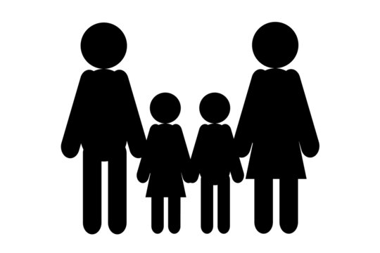 Black family icon, woman, man and two kids, isolated on white background