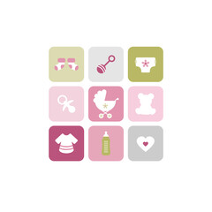 Karte 9 Babysymbole M&auml;dchen Rosa Olivgr&uuml;n Grau