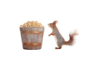Squirrel and huge bucket with pine nuts isolated against white background