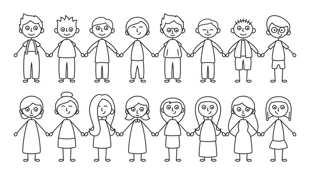 Vector simple black line women and men holding hands. isolated on white background. Isolated on white background.