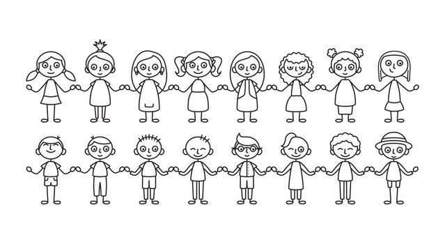 Vector simple black line girl and boy holding hands. Isolated on white background. Isolated on white background.