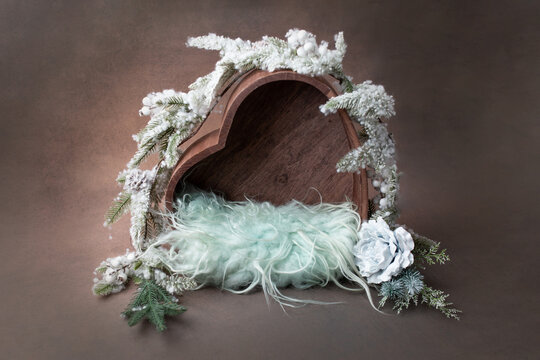 props for newborn photography. photo props. heart-shaped basket decorated with Christmas decor