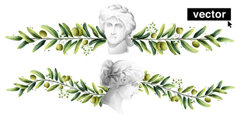 Vector watercolor divider and border. Olives with antique Italian god bust. Illustration of Mediterranean berries, green leaves, flowers, buds, and branches. - obrazy, fototapety, plakaty