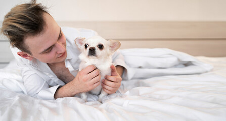 man in the morning smiling with his chihuahua dog in bed. Banner.