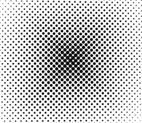 Halftone dotted pattern. Pop art gradient background with circles. Comic half tone radial texture. Optical spotted effect. Abstract design. Black white banner. Monochrome vector illustration