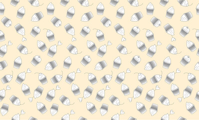 Seamless food cupcake pattern in black and white on a light yellow background