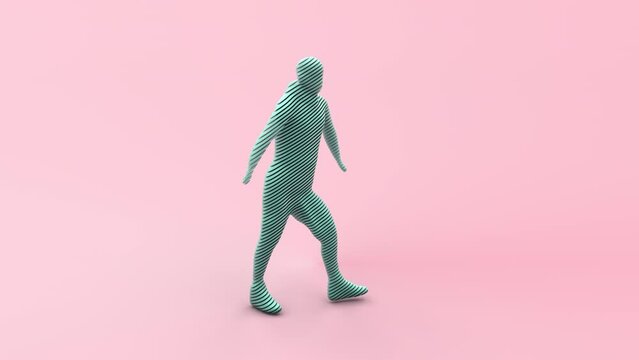 Abstract 3d animation of a dancing character, a synthetic humanoid robot made of many flat elements. The 3D character dances and splits into segments. 3d abstraction.