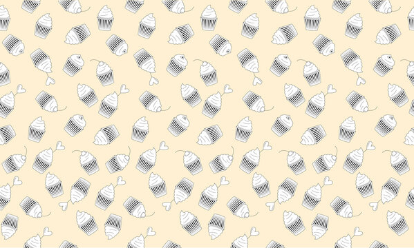 Seamless food cupcake pattern in black and white on a light yellow background