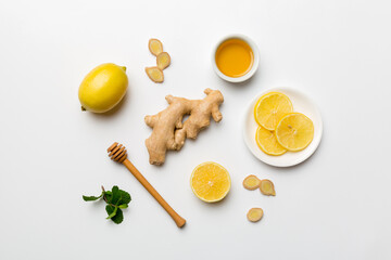 Natural cold and flu home remedies. Natural ingredients for immunity stimulation and viruses protection. top view flat lay
