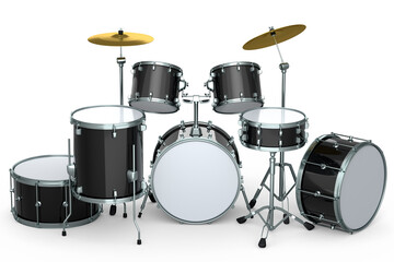 Set of realistic drums with metal cymbals or drumset on white background