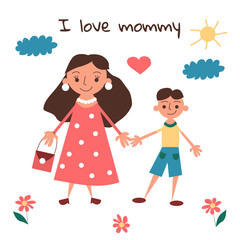 Happy mom and son smiling outside. Children's drawing of a family. Cartoon cute kids flat style. I love Mom. Trendy bright cute colors. Isolated object on a white background.