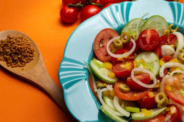 Um prato com salada de vegetais, uma colher com tempero desidratado e um cacho de tomates, sobre fundo de cor alaranjada.