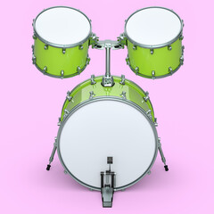Set of realistic drums with pedal on pink. 3d render of musical instrument