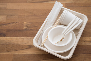 Natural eco-friendly disposable utensils grill shabu set (spoon, dish plate, bowl, cup and...