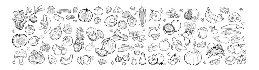 Big set of graphic vector vegetables, fruits, greens and berries. Black lines, sliced vegetables and fruits. For design and patterns. 