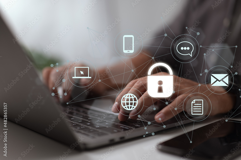 Poster Cybersecurity on the internet, a user writing a password on a computer, and cyber security.