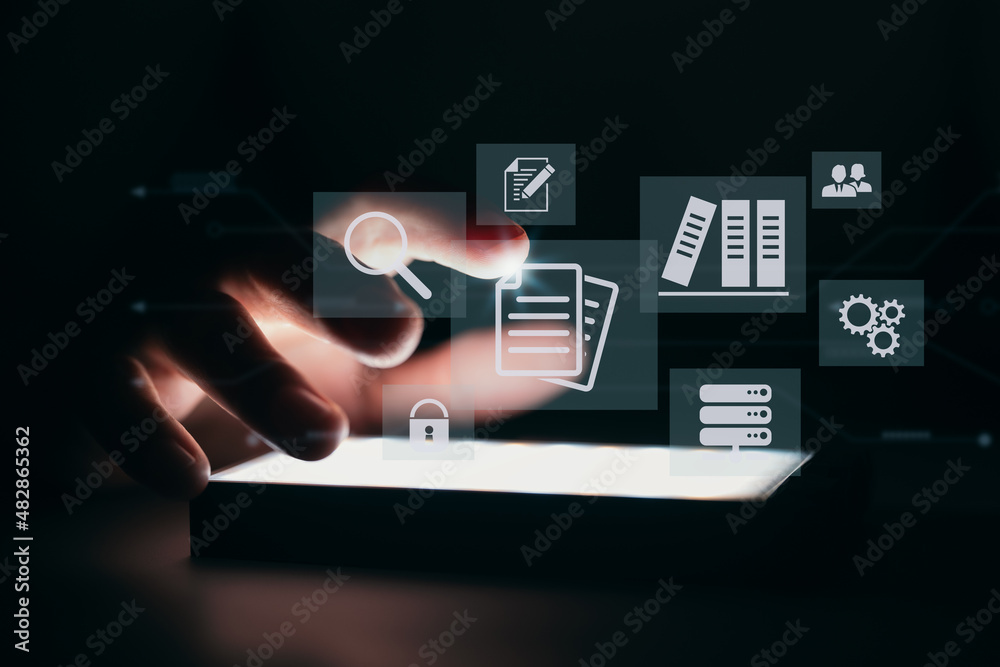 Aufkleber Concept of ERP and document management using icons on a virtual screen
