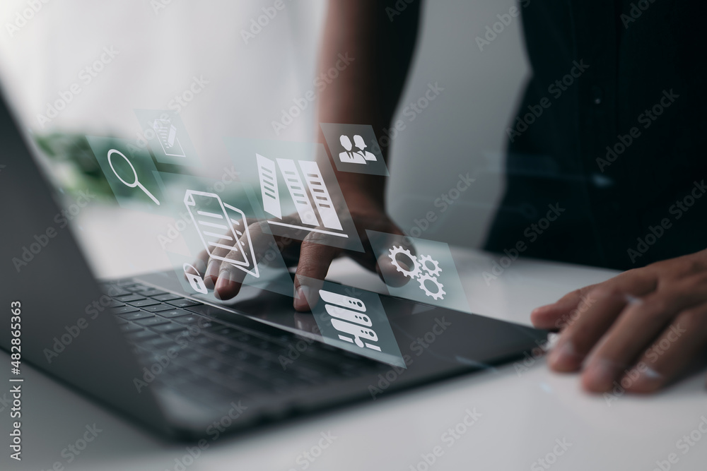Poster ERP is a concept for document management that has icons on a virtual screen.