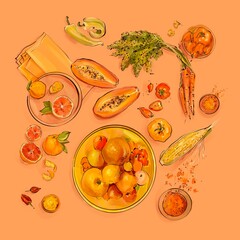 Set of fresh orange vegetables and fruit