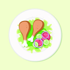 Chicken drums with salad healthy diet meal on plate. Vector illustration. Simple flat stock nutrition image. Duck legs on table healthy food