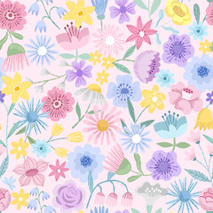 Spring hand drawn flower seamless pattern. Spring floral background - 482865765