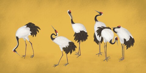 White cranes with gold background. Abstract watercolor paint background grunge texture. Interior Wallpaper. Mural for the walls, fresco for the room, interior grunge style