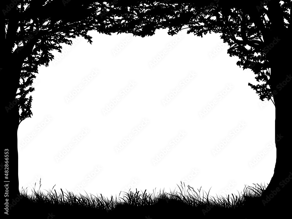 Wall mural bordered frame in the form of a window with view from a forest.