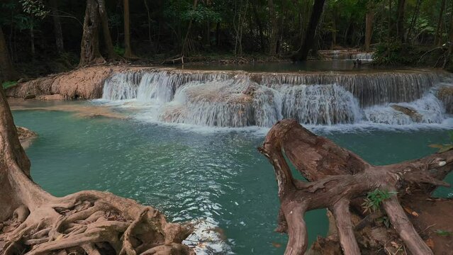 ROTATION SHOT OF WATERFALL AT ERAWAN NATIONAL PARK OF THAILAND footage 4K