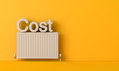 Radiator heater with the word cost on top. Energy concept 3D Rendering
